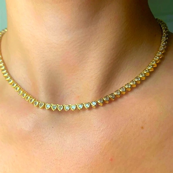 Jewelry - New Gold Plated Amore Bezel Heart Tennis Necklace